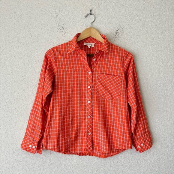 NWOT KEMI TELFORD Knit Orange Plaid Button-Down Shirt - Picture 1 of 9